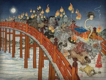 Medieval Japanese drawing of hyakki yagyo with many youkai, oni, tengu and other demons. Essay about Hyakki Yagyo - Japanese mythological event of a Hundred Demons Parade, when youkais, tengu, oni and other demons walk the streets. Japanese mythology in culture, manga and anime.