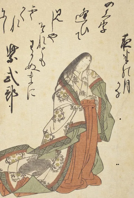 Ancient Japanese drawing of Murasaki Shikibu, nover writer from ancient Japan's Heian period. Essay about Murasaki Shikibu - female author of the first novel in the world, from ancient Japan in Heian jidai. Women in Japanese literature.