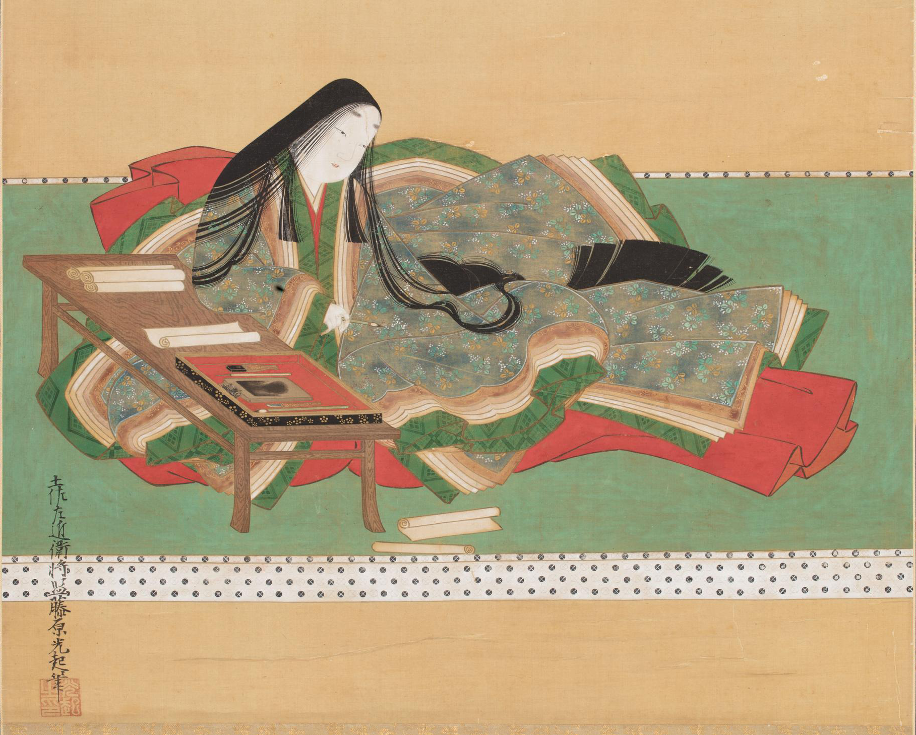 Murasaki Shikibu learning Chinese to become the first world wide novel writer, Japan of Heian period. Essay about Murasaki Shikibu - female author of the first novel in the world, from ancient Japan in Heian jidai. Women in Japanese literature.