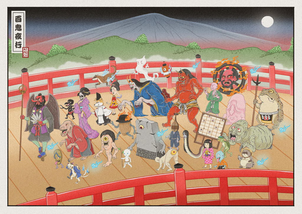 Traditional Japanese drawing of hyakki yagyo - with a hundred of demons such as youkais and tengu. Essay about Hyakki Yagyo - Japanese mythological event of a Hundred Demons Parade, when youkais, tengu, oni and other demons walk the streets. Japanese mythology in culture, manga and anime.