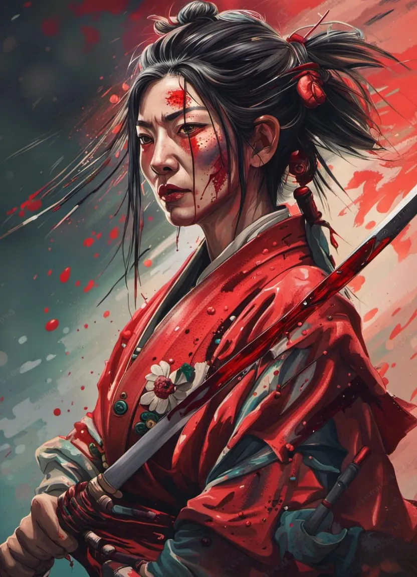 AI generated portrait of Tomoe Gozen - Japanese onna-bugeisha: woman samurai. Essay about Tomoe Gozen - woman samurai (onna-bugeisha) from ancient Japan (Heian Period, 12 century). Female samurais in Japanese history. Documented by Heiko Monogatari.