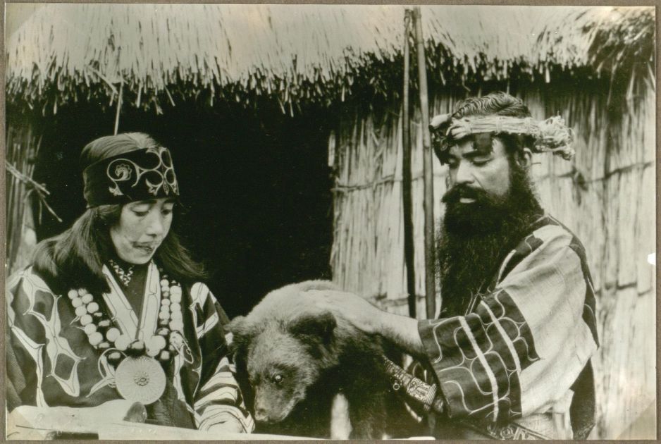 Old photo of the Ainu people from Hokkaido, Japan. Essay about Polish researchers' role in reasearch of the Ainu people - Ainu living on Hokkaido and Sakhalin. Role of Bronislaw Pilsudski in early linguistic and cultural research of Ainu people of Northern Japan.