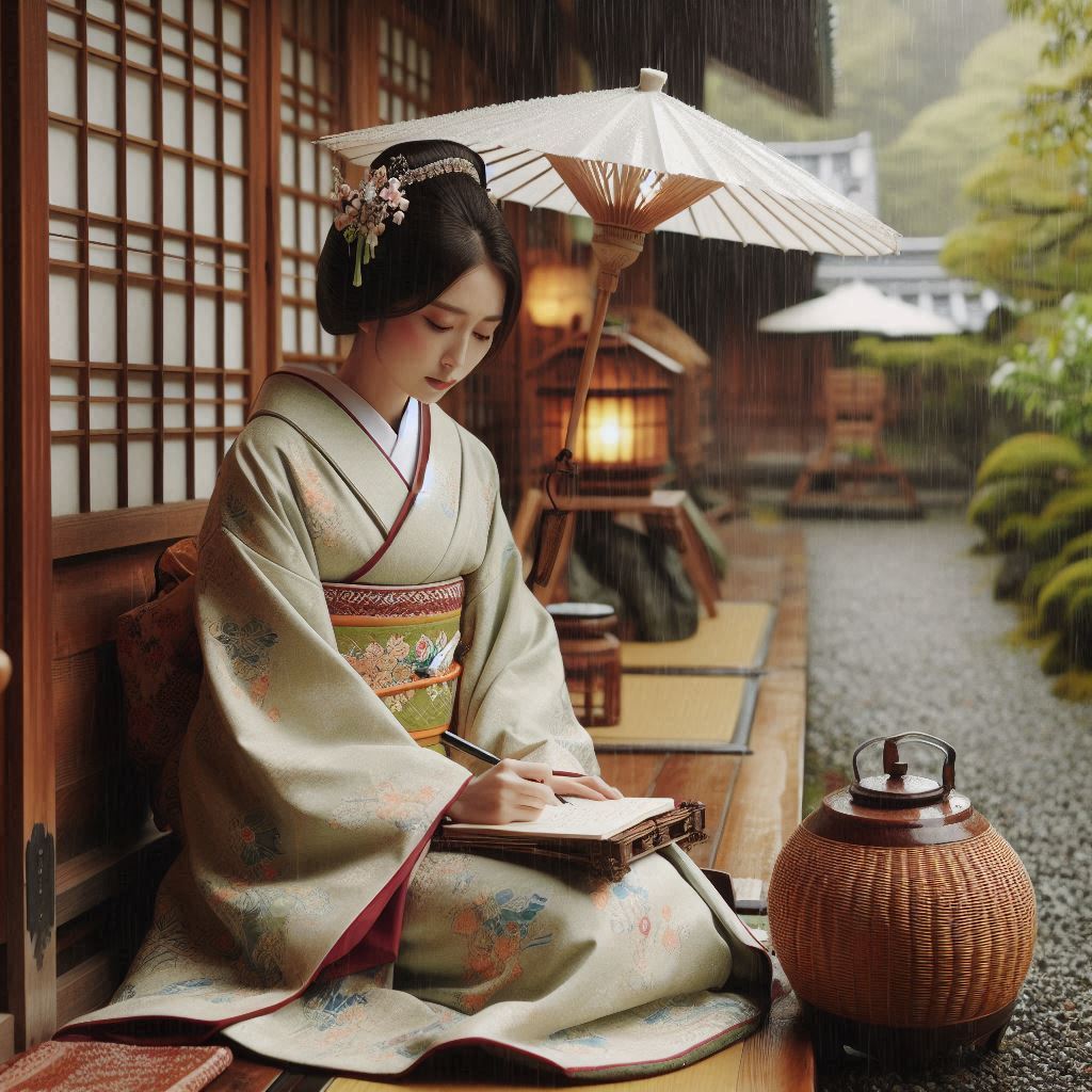 Sei Shonagon writing a poem. Japanese literature from Heian period. Essay about Sei Shonagon, a Japanese female poet from Heian period, author of the Makura no Soshi - how to learn mono no aware and wabi sabi from her. Japanese literature and history.