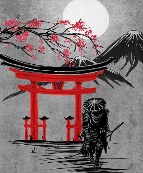 Traditional Japanese image of samurai versus cherry blossom symbol (sakura) Article, essay on Japan's history and culture - what is the meaning of Sakura (cherry blossom) in traditional and modern Japan, manga and anime.