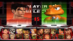 Tekken 3 character selection screen - Jin Kazama vs Gon. Article / essay on Gon - small, yellow dinosaur from Japanese manga and anime by Masashi Tanaka that appeared on Namco's Tekken 3 on Playstation 1.
