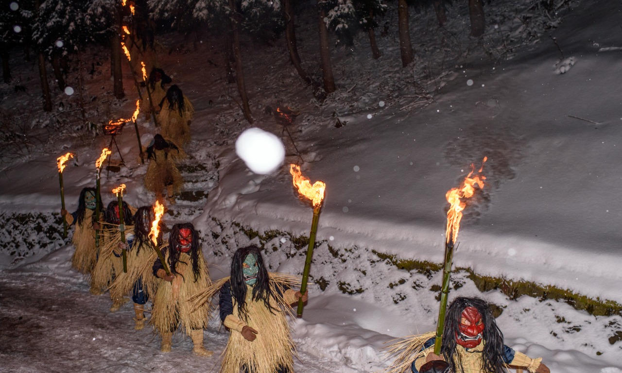 Evil Namahage going down from snowy mountains to Akita's villages on New Year. Article about Japanese New Year's customs from remote snowy Akita - Namahage. Dark Namahage presence in New Year's day, their history, mythology behind it and role in modern Japan, manga, anime and video games.
