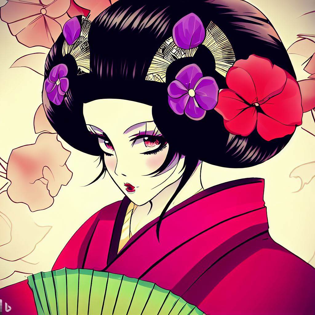 Japanese culture - Geisha Geisha drawing in Japanese, old and colourful style