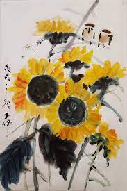 Obraz sumi-e japońskich słoneczników himawari Japoński słownik kwiatów - jakie jest znaczenie i symbolika kwiatow takich, jak sakura, ume, hortensja, lilia, lotos itp. - Historia i kultura Japonii.
