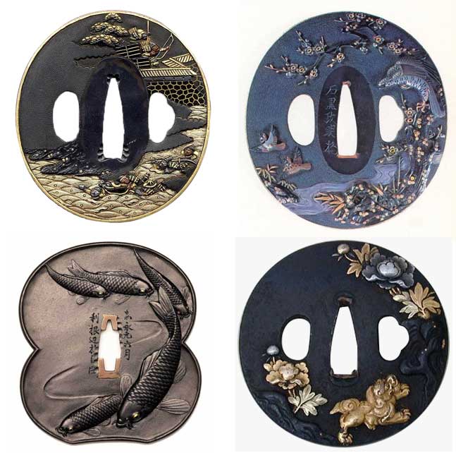 Różne formaty tsuby z katan samurajów (zdjęcie z wikimedia) Esej / asrtykuł o Tsuba - sztuce rzemieślniczej wytwarzania osłon rękojeści mieczy katana. Rola Tsuby w historii i wykorzystanie tego motywu w japońskich