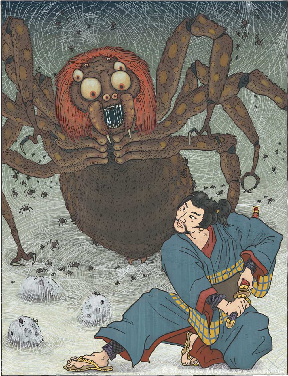 Spider-like yokai from Japanese folklore, drawing, Japan. Article on Yokai, Japanese folklore creatures from Japan's mythology and their role in Japanese manga and anime. Yokai Bestiary.