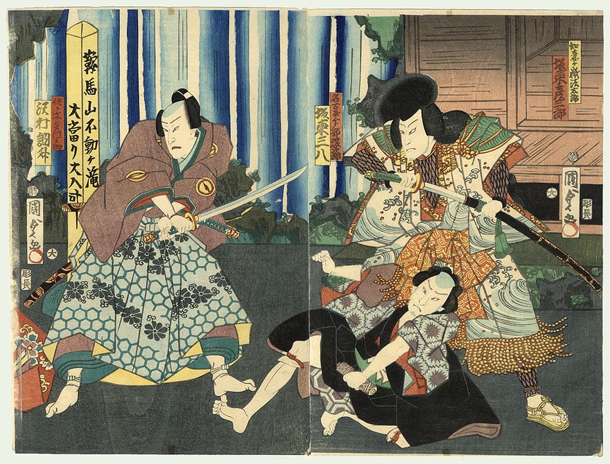 Japoński obraz ukiyo-e - samuraje walczący katanami. Esej o japońskich mieczach - katanach - w kulturze samurajów. Budowa, rodzaje, symbolika i historyczne zwyczaje dotyczące samutajów i ich katan.