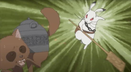 Mad rabbit wanting to kill in revange poor tanuki - kachi kachi yama, Japan. Article about a Japanese folktale called KAchi kachi Yama, about a rabbit and tanuki. Rabbit tortures and kills tanuki here. They made manga and anime out of this in Japan.