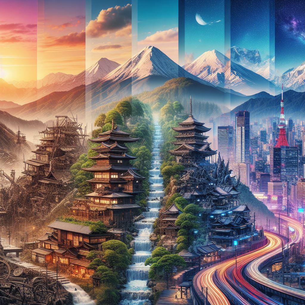 Historia Japonii od starożytności po nowoczesność - wizja artystyczna, wygenerowane z użyciem AI (BING) Historia Japonii - wszystkie ery (Jidai) po kolei - od Jomon, przez Asuka, Ashikaga, Edo, Meiji, Taisho i Showa aż po współczesne Heisei i Reiwa. Historia Japonii - starożytność Japonii, średniowiecze samurajów, epoka przemysłowa i ukiyo-e aż, 2-ga wojna światowa aż po współczesne katastrofy demograficzne i środowiskowe.