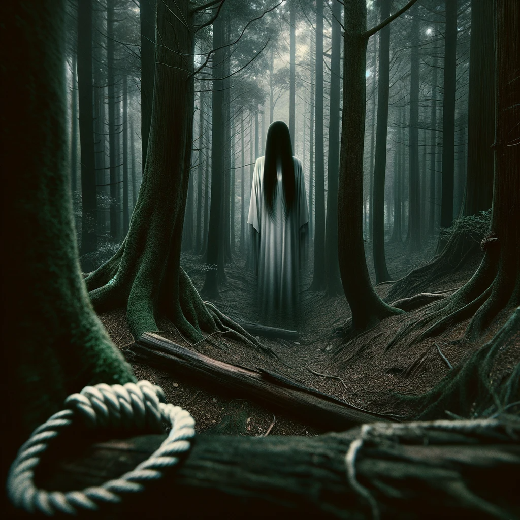 Japanese mythology and folklore - yurei in Aokigahara, Suicide Forest of Japan. Article about Aokigahara (Jukai) - the Suicide Forest in Japan. Japanese social problems such as high suicide ratio and countermeasures. The Suicide Forest of Aokigahara vs Japanese mythology and youkai demons from shinto beliefs.