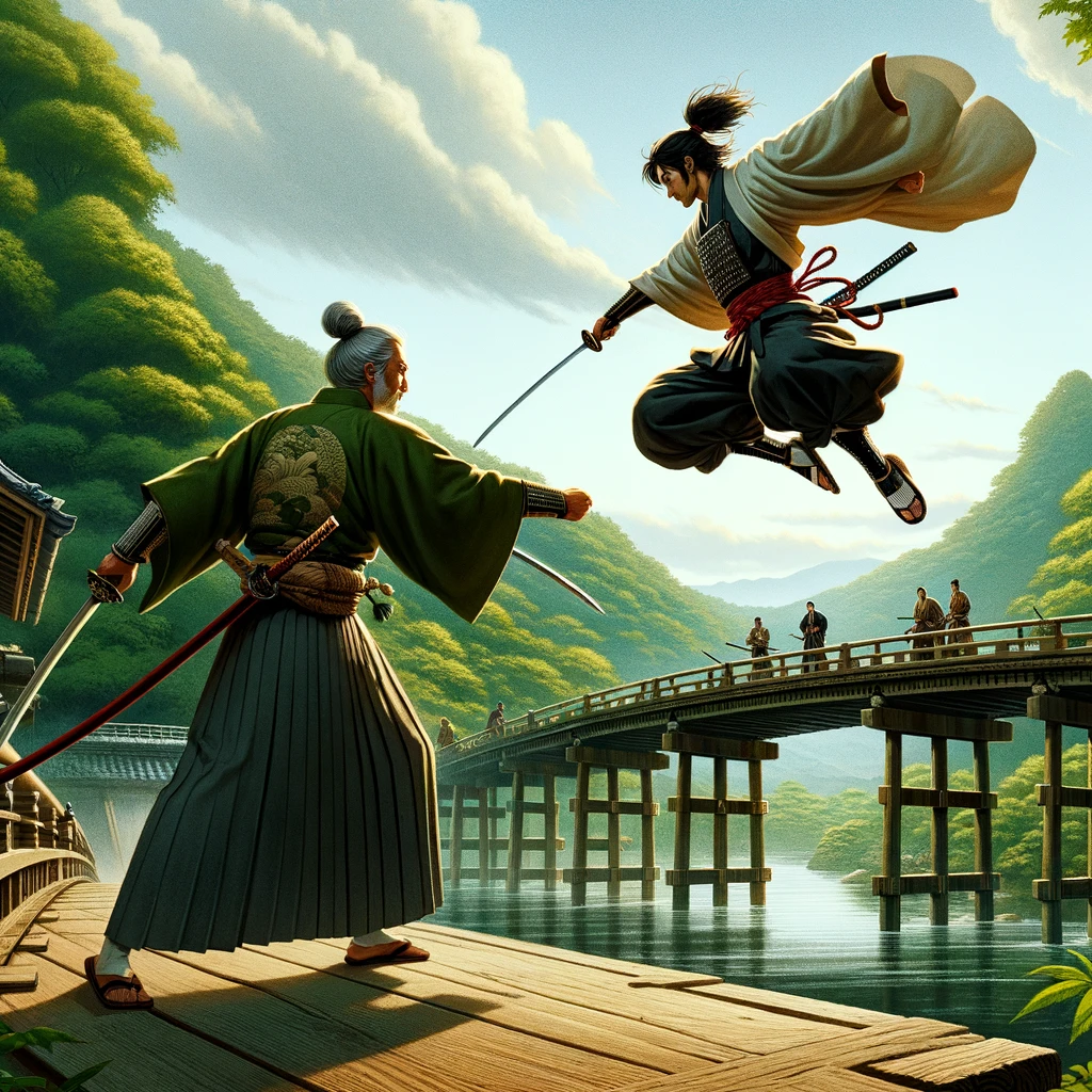 Picture of Benkei and Ushiwakamaru duel on the Gojo bridge in Kyoto, Japan. The legendary fight on Gojo bridge between a young samurai Ushiwakamaru (later Yoshitsune Minamoto) and old monk-soldier (sohei) Benkei in Kamakura period. History and culture of Japan and its influence on manga and anime.