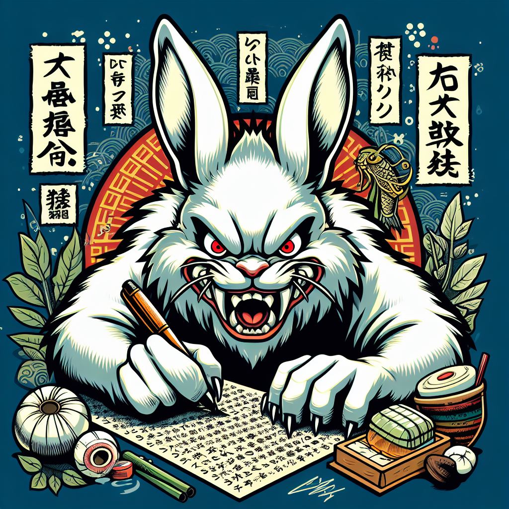 An AI picture about a Japanese symbol of hare. Essay about the har (rabbit/bunny) symbol and troppe in Japanese culture and history, legends and mythology of Japan in opposition to Easter tradition of Europe. Hare in Japanese folklore, anime, manga, video games.