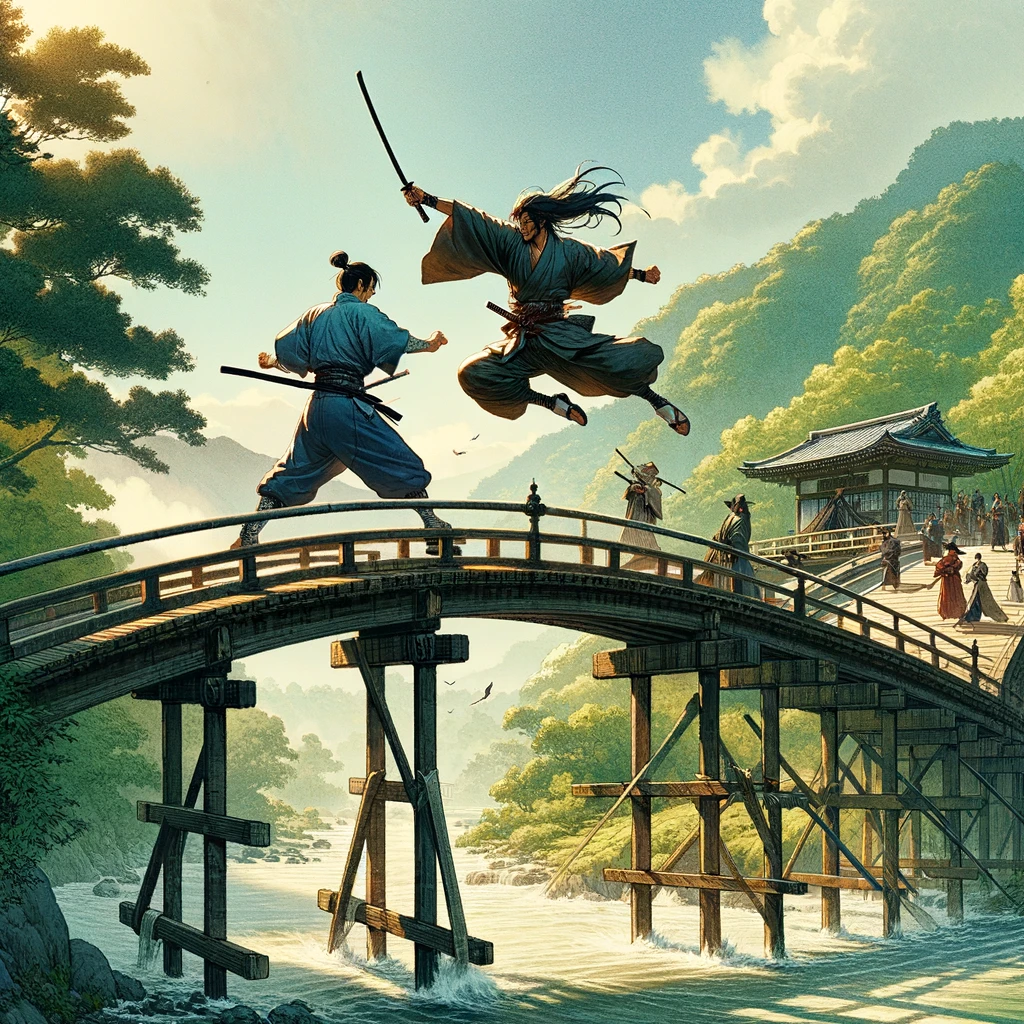 Fight betwen Benkei and Ushiwakamaru on Goho bridge in Kyoto, Japan. The legendary fight on Gojo bridge between a young samurai Ushiwakamaru (later Yoshitsune Minamoto) and old monk-soldier (sohei) Benkei in Kamakura period. History and culture of Japan and its influence on manga and anime.