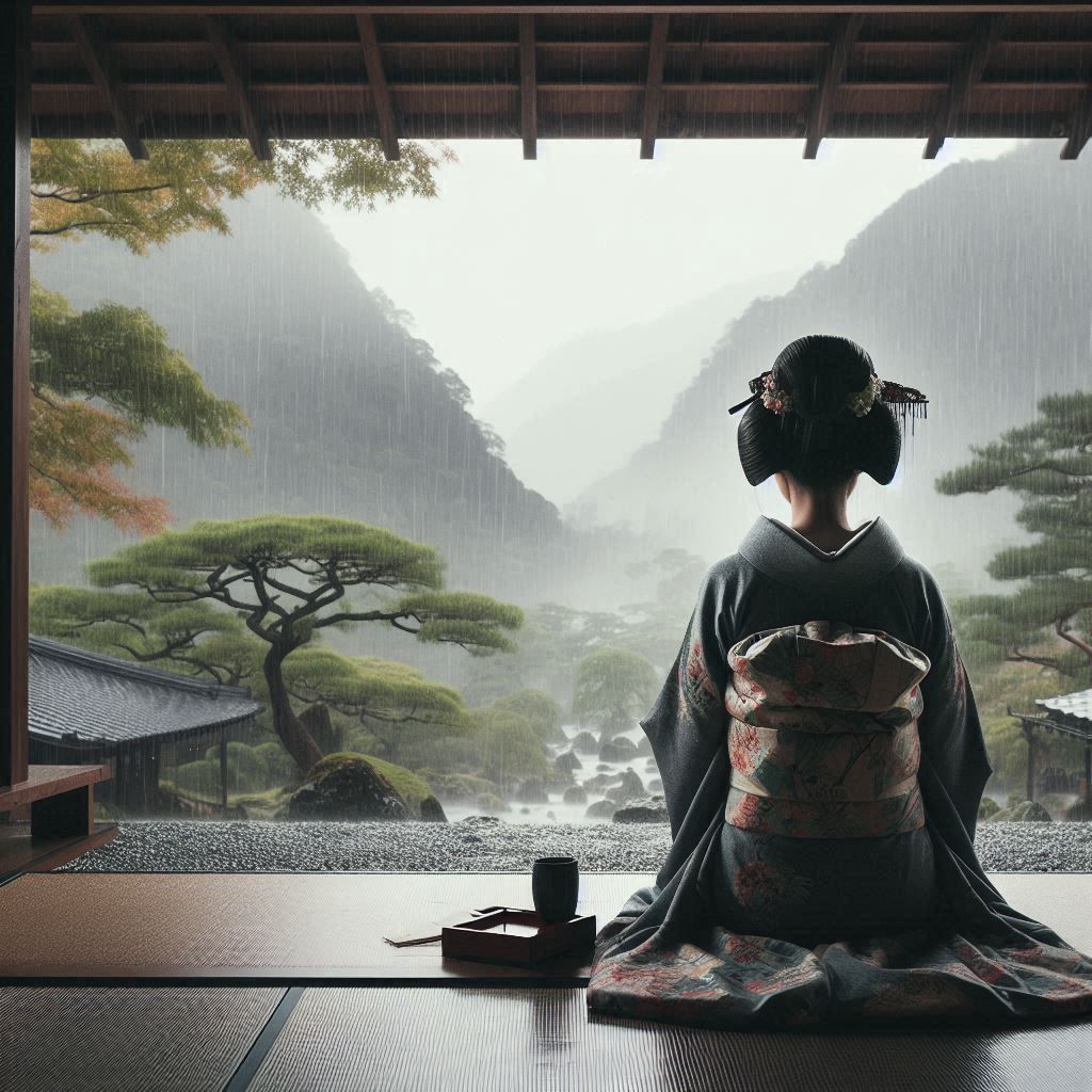Sei Shonagon - Japanese female poet writing poems during rain. Essay about Sei Shonagon, a Japanese female poet from Heian period, author of the Makura no Soshi - how to learn mono no aware and wabi sabi from her. Japanese literature and history.