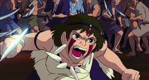 Wild San trying to attack Lady Eboshi in Irontown, first meeting with Ashitaka, Japanese anime Mononoke Hime. Article / essay about Japanese anime Mononoke Hime ("Princess Mononoke") by Hayao Miyazaki in Studio Ghibli. What is the meaning of San (Mononoke) and what values does this character convey?