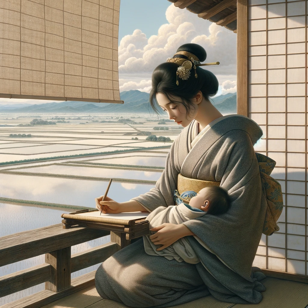 Murasaki Shikibu, writing the Genji Monogatari, with a child on her hands, Japan's history and literature, Heian period. Essay about Murasaki Shikibu - female author of the first novel in the world, from ancient Japan in Heian jidai. Women in Japanese literature.