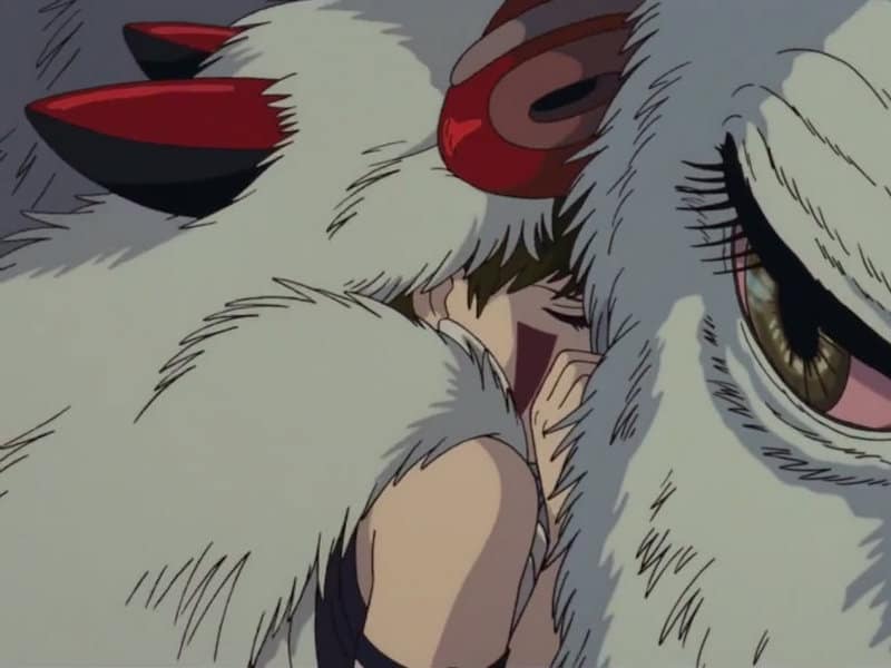 San holding her wolf-mother Moro, "Mononoke Hime" by Hayao Miyazaki, Studio Ghibli. Article / essay about Japanese anime Mononoke Hime ("Princess Mononoke") by Hayao Miyazaki in Studio Ghibli. What is the meaning of San (Mononoke) and what values does this character convey?