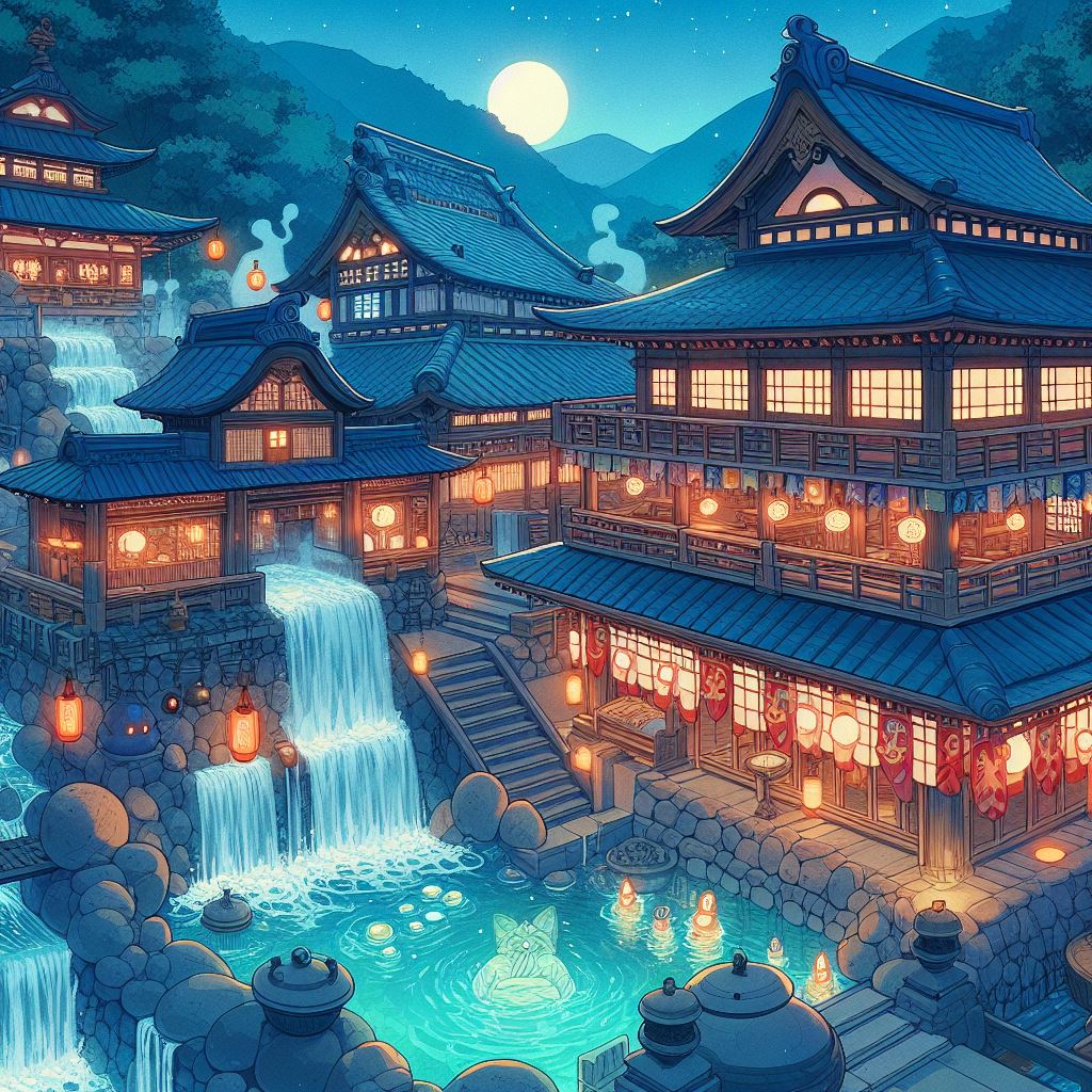 Kompleks onsen, Japonia. Inspirowane wizją Hayao Miyazakiego ze Spirited Away. Esej o japońskich źródłach termalnych onsen. Jaka była historia onsen w klulturze Japonii, jakie są współczesne popularne onsen (Beppu, Dogo Onsen, Hakone Onsen itp). Występowanie onsen w anime, jak Spirited Away, Love Hina, Yu yu Hakosho, Dragon Ball, Onsen Yousei Hakone-chan, Totoro.