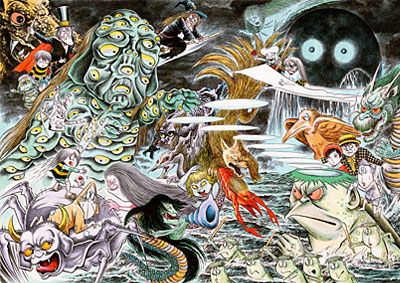 Obraz przedstawiający jap-ońskie demony yokai - autor: Shiberu Mizuki. Artykuł o legendzie ja-pońskiej mangi - Shiberu Mizuki - autorze GeGeGe no Kitaro, Showa: Japan's History, czy Akuma-Kun. Życie po traumie II Wojny Światowej i twórczość antywojenna i o japońskiej mitologii (yokai).