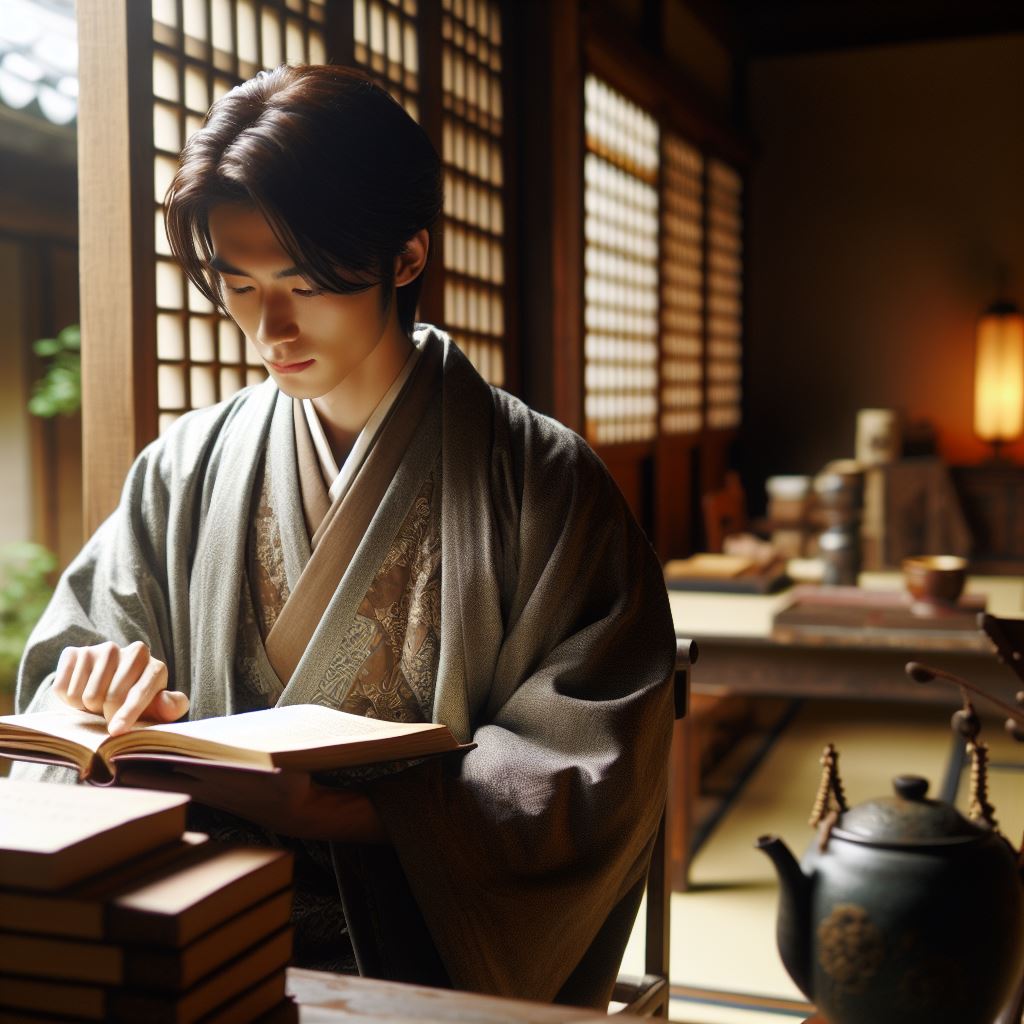 Young Sugiwara no Michizane studying Chinese literature. Essay about the life and legend of Sugiwara no Michizane, wh lived in the ancient Japan of Heian period, was falsely accused and sentenced. After death became the Tenjin god of education and made his revenge.