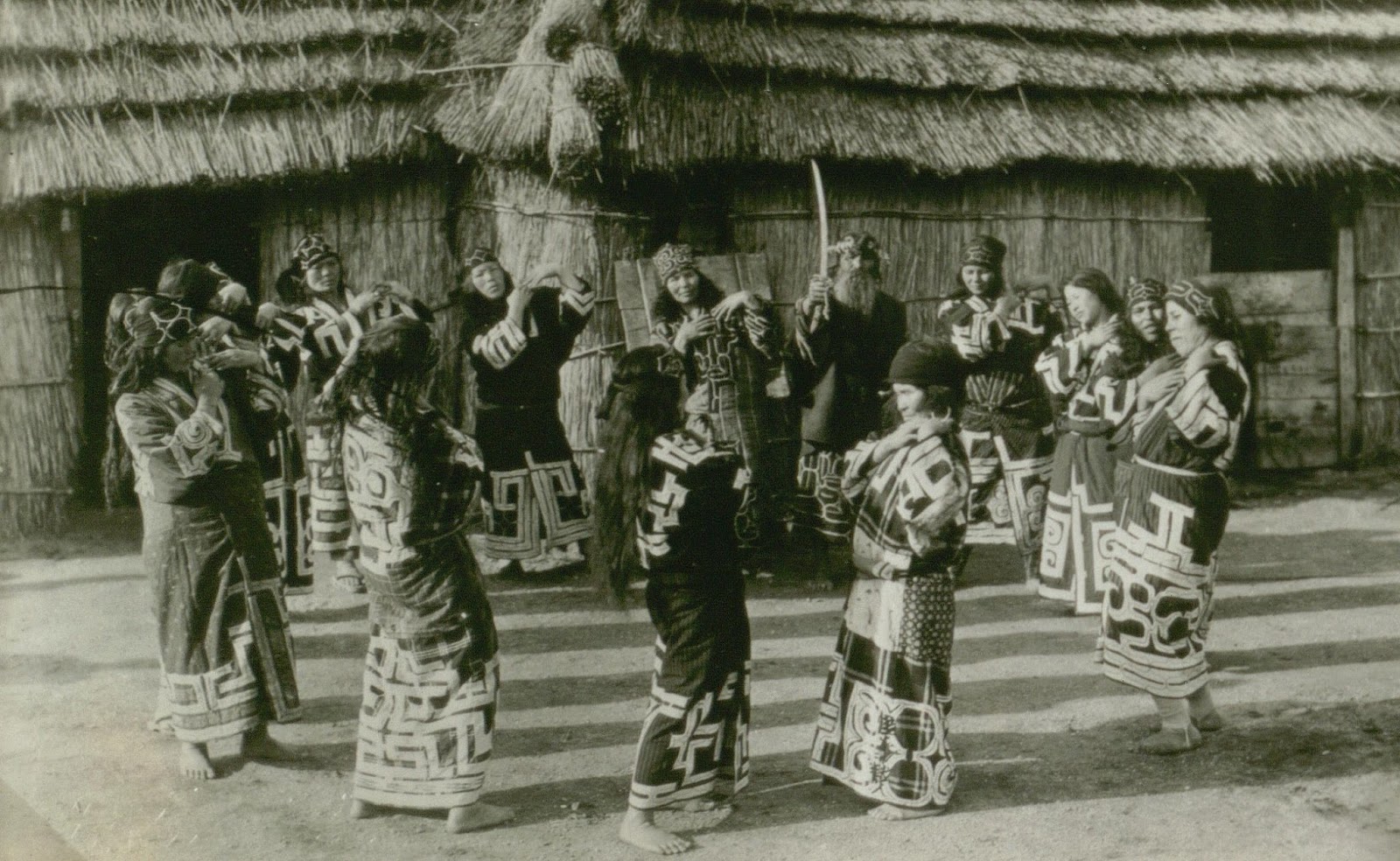 Traditional performance in Ainu village, Hokkaido, Japan. Essay about Polish researchers' role in reasearch of the Ainu people - Ainu living on Hokkaido and Sakhalin. Role of Bronislaw Pilsudski in early linguistic and cultural research of Ainu people of Northern Japan.